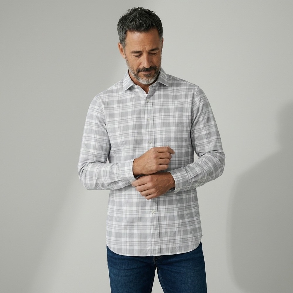 NWT The Men's Store Bloomingdale's Shirt Large L Grey Plaid Stretch Button Down